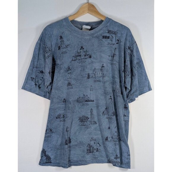 Vintage Art Unlimited Lighthouse All Over Print T-shirt 90s AOP Size Large VTG - Picture 1 of 6